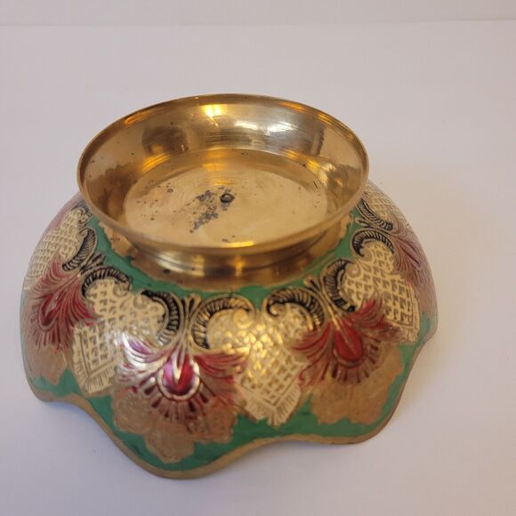 Vintage Solid Brass Hand Painted Pedestal Trinket Decorative Bowl - Picture 6 of 8